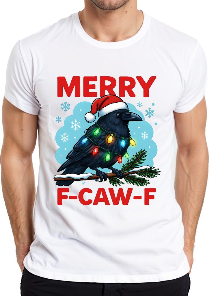 MERRY F-CAW-F Rabe Krähe Lichterkette Weihnachten Spruch lustig Herren T-Shirt, Weiß, XL