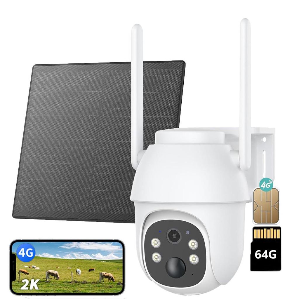 4G LTE Überwachungskamera Aussen Solar mit SIM Karte 2K HD 3MP PTZ Kabellos Kamera Ohne WLAN Outdoor Akku Farb/IR Nachtsicht PIR Erkennung mit 64G