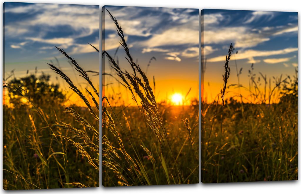 Leinwandbild 3-teilig (120x80cm): Weizenfeld bei Sonnenuntergang wie gemalt Idylle schön, echter Holz-Keilrahmen inkl. Aufhänger, handgefertigt i...