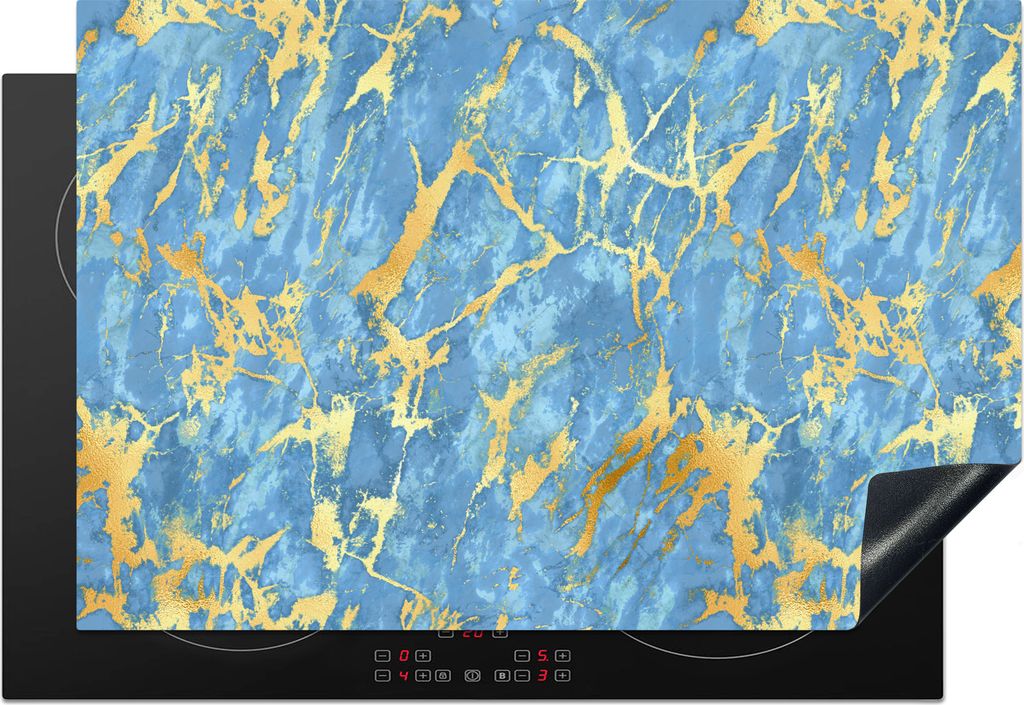 KitchenYeah Herdabdeckplatte Marmor - Gold - Blau , 78x52cm, Küche Deko, Glaskeramikkochfeld Herdabdeckung, Abdeckplatte fùr Kochfeld