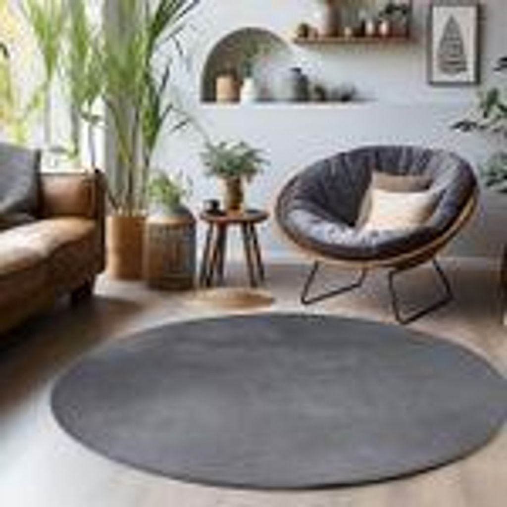 Moderner flauschiger Kurzflor Teppich einfarbig, rutschfest, waschbar & soft - perfekter Komfort für Zuhause, Größe: 200 cm Rund, Farbe: Grau