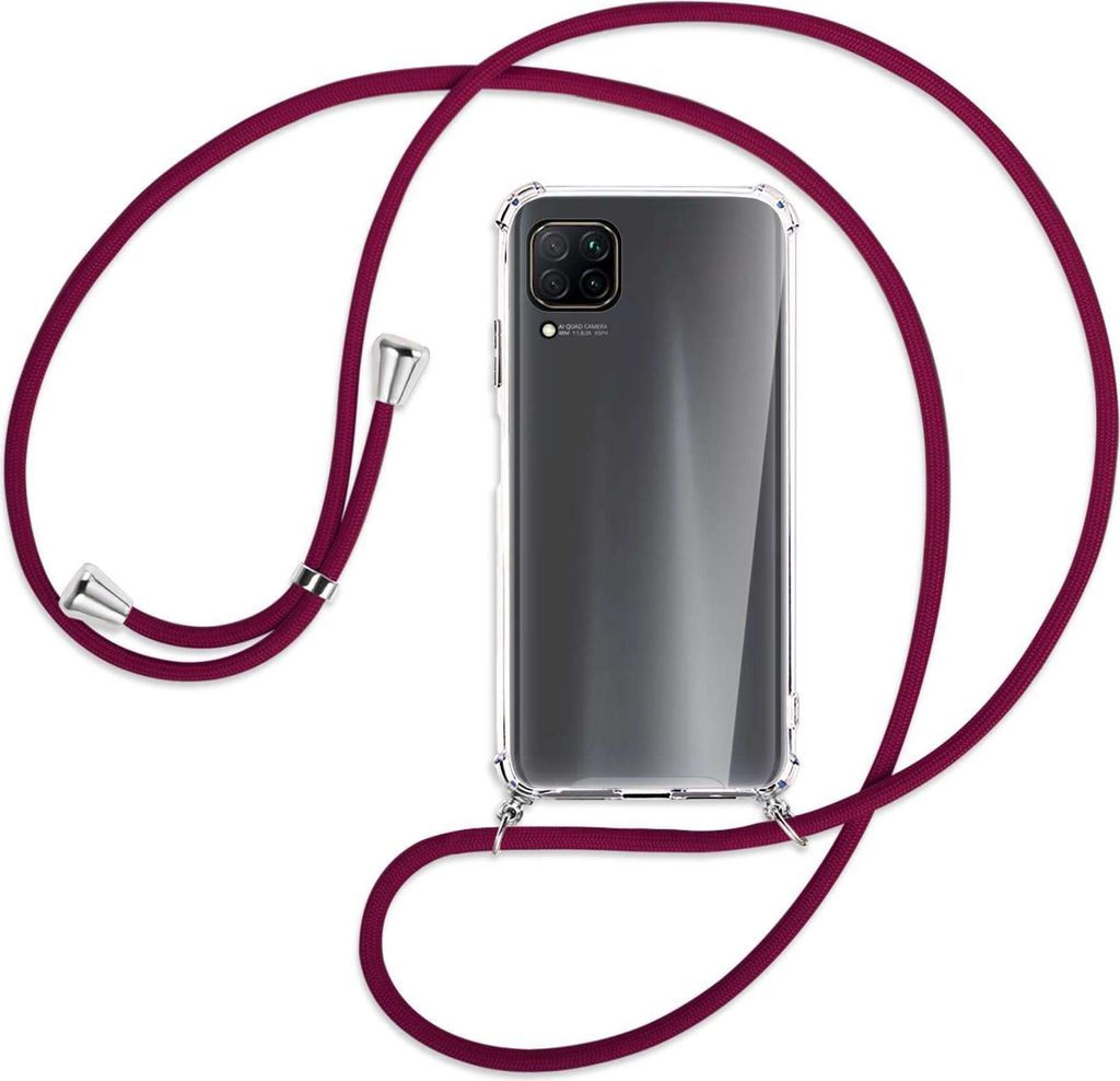 Handykette Backcover-Schutzhülle mit Band (Metall silberfarben) für Huawei P40 lite - dunkelrot