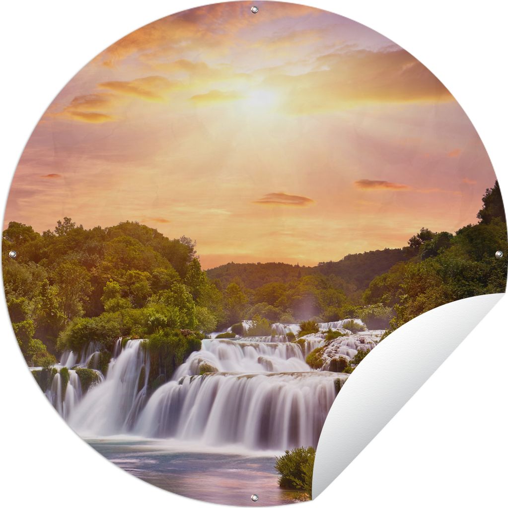 MuchoWow Gartenposter Outdoor-Poster Rund Wasserfall - Landschaft - Sonne - Wolken - Sonnenuntergang Ø 90 cm Gartendeko Rundes Poster draußen
