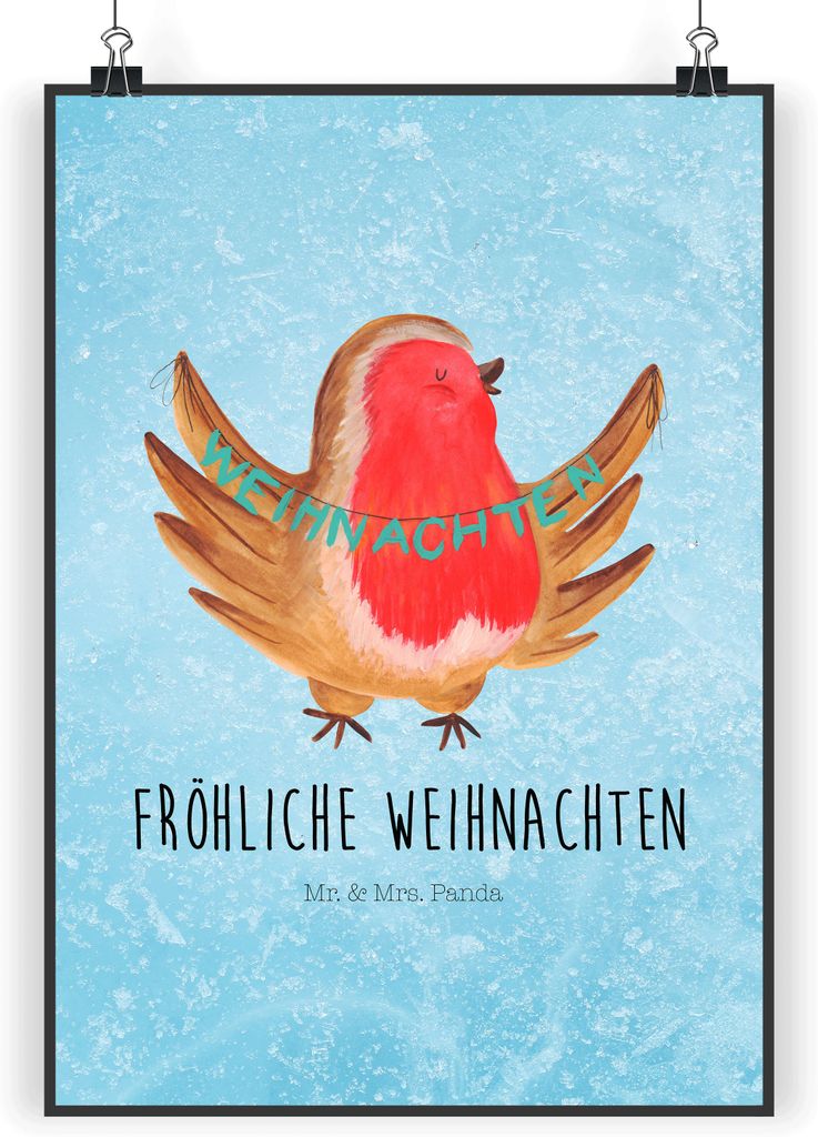 Mr. & Mrs. Panda Bild Rotkehlchen Weihnachten DIN A3 - Eisblau - Geschenk, Weihnachtsgruß, Wanddekoration, Design Poster, Weihnachtsmotiv, drucke,...