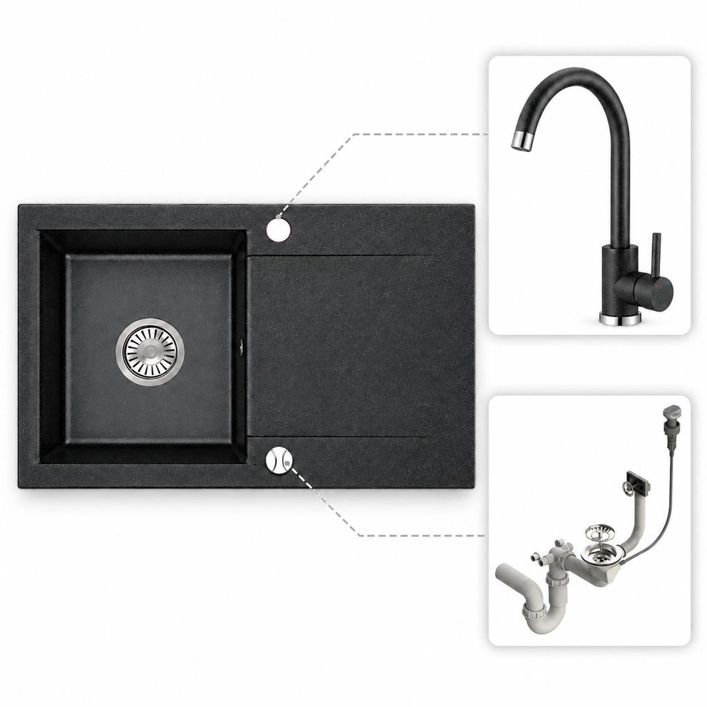 Granitspüle mit Armatur Küchenspüle schwarz spülbecken Produktbild 