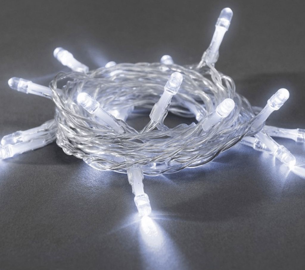 LED-Lichterkette - 1,35m - 10x Kaltweiß - transparentes Kabel - Batteriebetrieb - an/aus Schalter