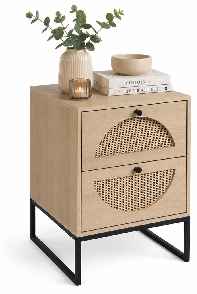 Relaxdays, table de chevet, aspect rotin, 2 tiroirs, Image du produit 