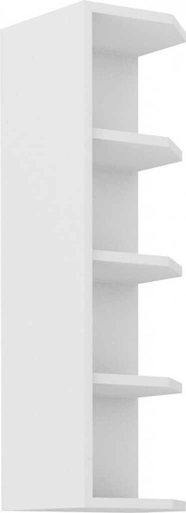 A white corner shelf unit with multiple shelves.