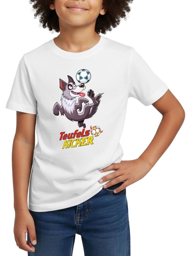 Spreadshirt Teufelskicker Hund Cico Mit Fußball Kinder T-Shirt, 110/116 (5-6 Jahre), Weiß