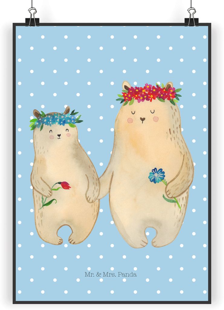 Mr. & Mrs. Panda wanddeko Bären mit Blumenkranz DIN A4 - Blau Pastell - Geschenk, Familie, Bär, Family, Bild, Mama, Kinder, drucke, Posterdruck, ...