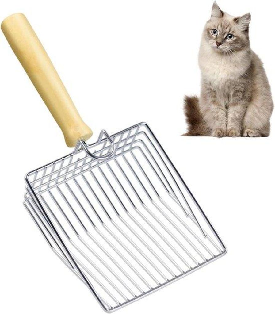 Kattenschaufel - Metallene Schaufel - Kattenschaufel zur Reinigung - Edelstahl - 12,5 cm breit - 7 mm Loch - Silber Holz