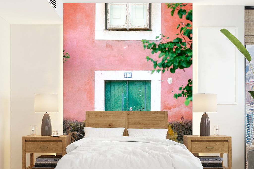 MuchoWow Fototapete für Wohnzimmer oder Schlafzimmer Wandtapete Vinyl Motivtapete Tür - Grün - Rosa - Farbe - 165x220 cm - Wanddekorationen
