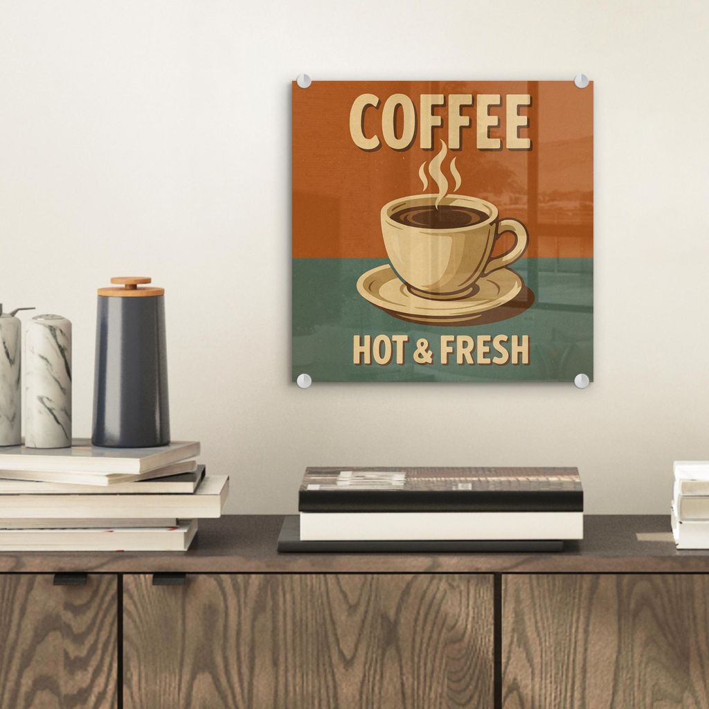 MuchoWow Glasbilder - Bilder auf Wandbild - Foto auf Glas Kaffee - Tasse - Vintage - Zitat 20x20 cm Wanddekoration aus Glas - Acrylglasbild - Acryl...