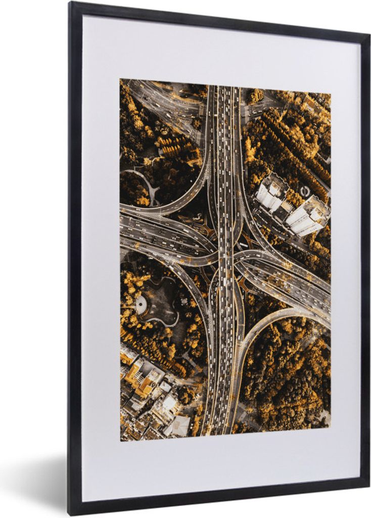 MuchoWow MuchoWow Gerahmtes Poster Gold - Autobahn - Bäume 40x60 cm - Poster mit zchwarzem Bilderrahmen - Poster in Rahmen