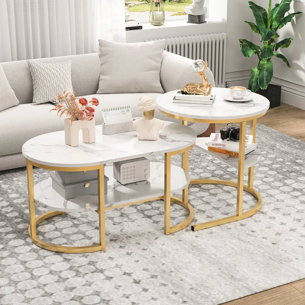 Set 2 Tavolini Moderni Fortuna Lai - Marmo Oro per Soggiorno Glam