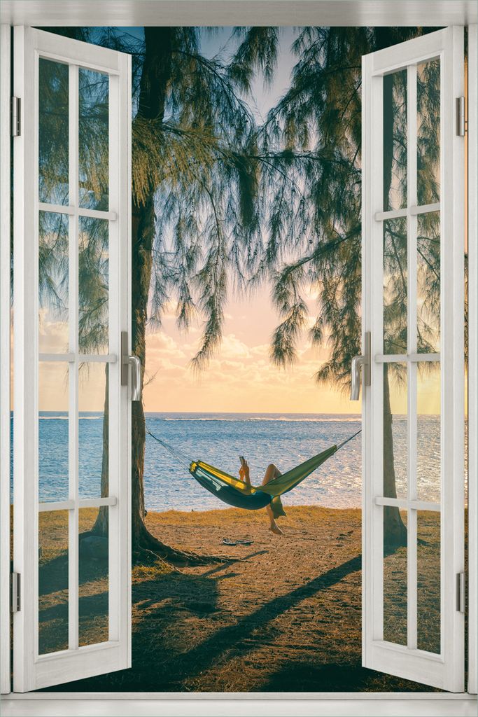 Wallario Wandbild aus Acryl, 60 x 90 cm, freischwebende Optik - Chillout - Hängematte am Meer mit Fenster-Illusion