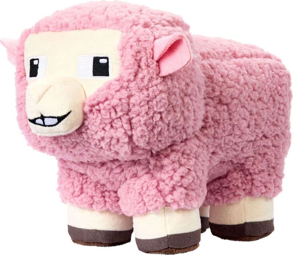 A pink sheep plush toy from Minecraft, shown from a side angle against a white background.