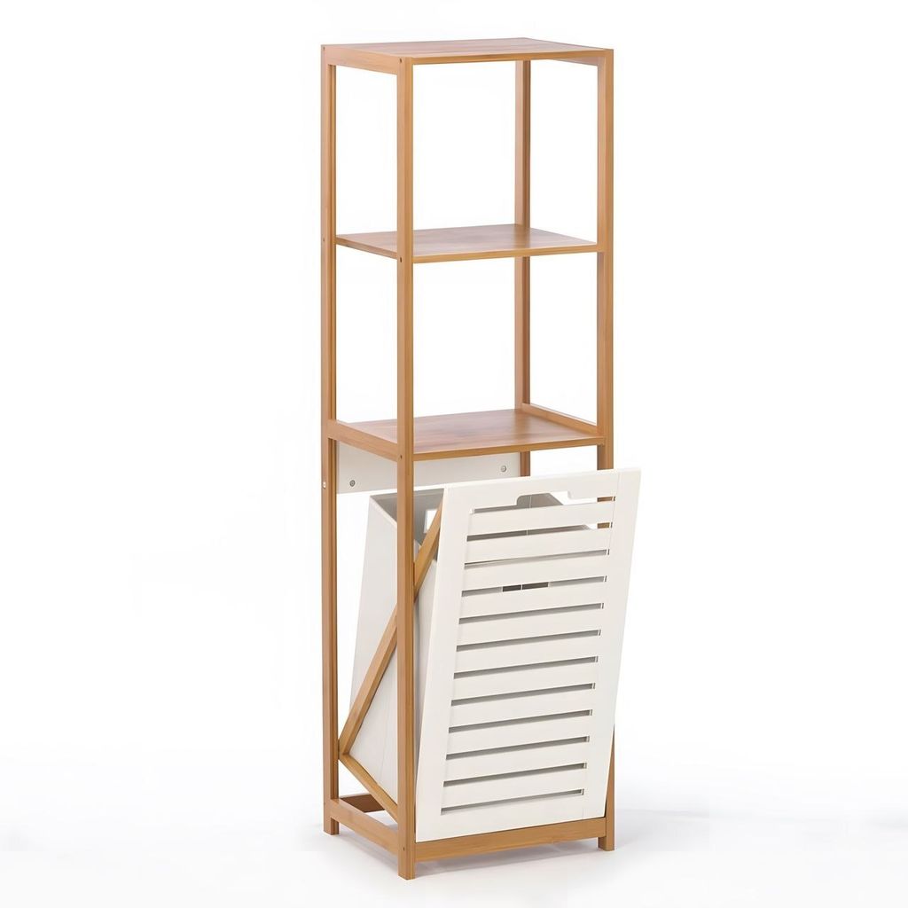 BEGRYF Bambus Wäscheschrank mit Wäschebehälter & Regal – 130 cm hoher Badezimmer‐Organizer mit 2 Regalböden & Stoff‐Wäschekorb