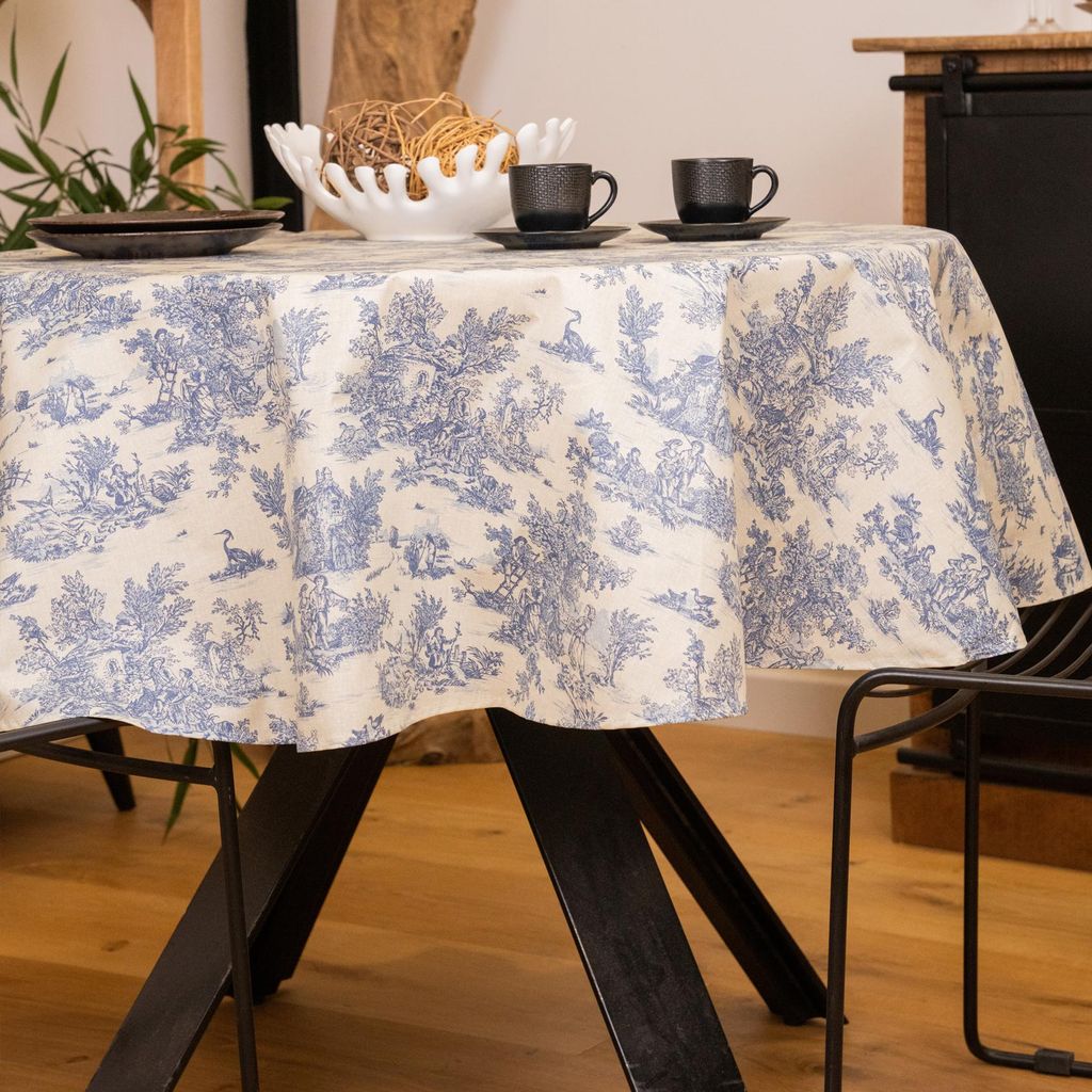 Runde Wachstuchtischdecke mit Toile-de-Jouy-Muster