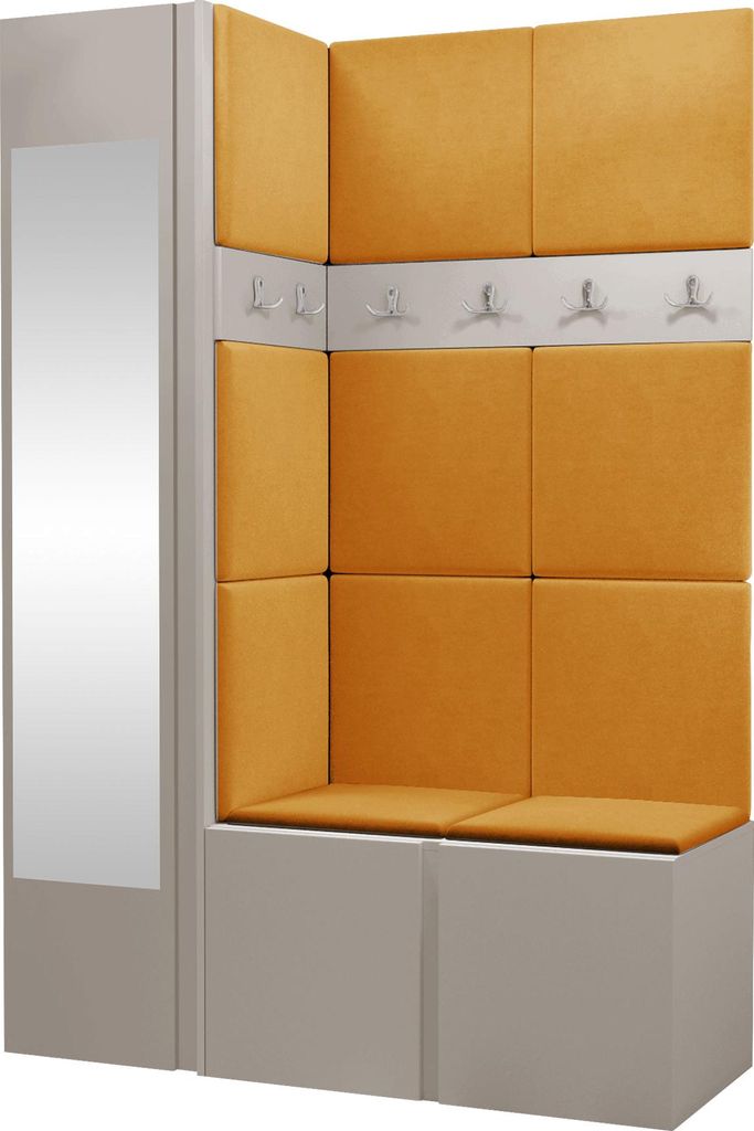 MIRJAN24 Garderoben-Set Orion X, Garderobe mit Sitzbank mit 11 x Wandpanel 42x42 (Farbe: Cashmere, Manila 32)