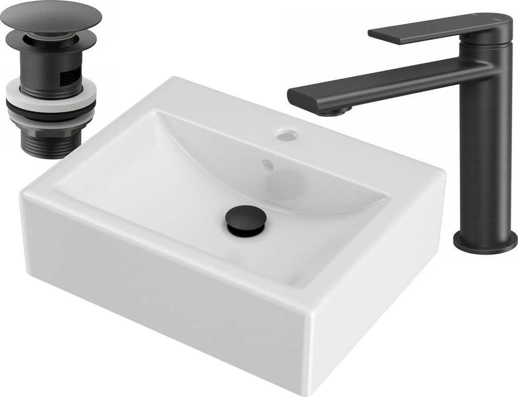 Waschbecken + Armatur + Wasserhahn Schwarz Badezimmer-Set