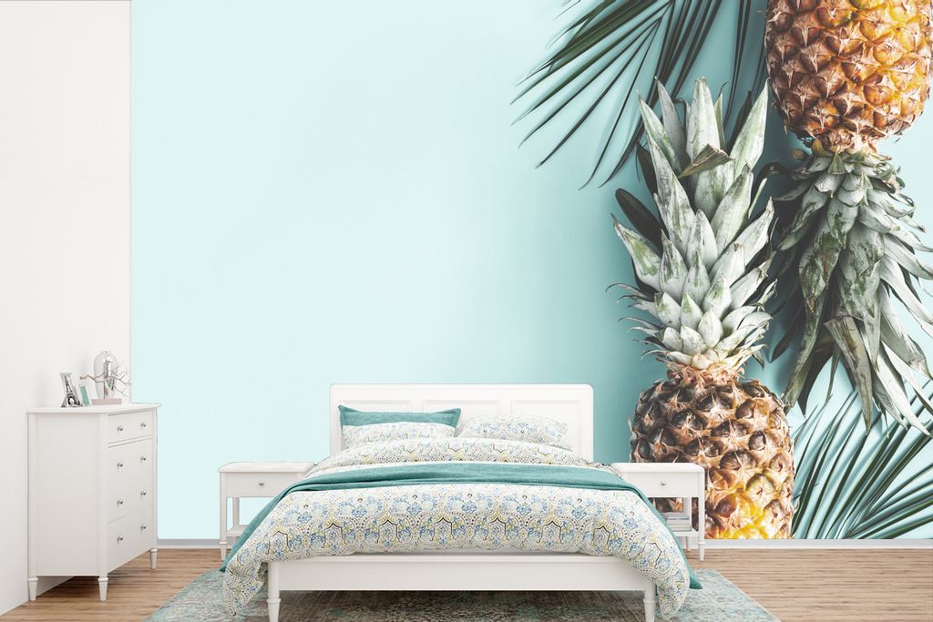 MuchoWow Fototapete für Wohnzimmer oder Schlafzimmer Wandtapete Vinyl Motivtapete Ananas - Blau - Sommer - 330x220 cm - Fototapeten
