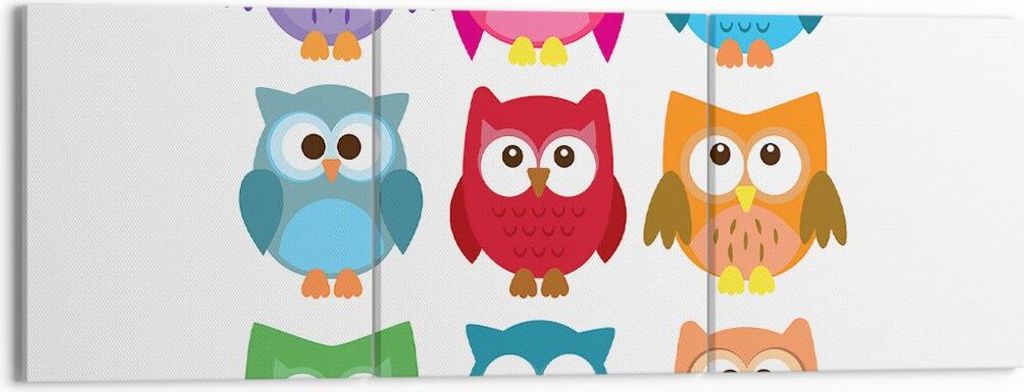 Bild auf Leinwand - Leinwandbild - Eulen Bunt Kinder Zeichnung - 150x50cm - Wand Bild - Wanddeko - Leinwanddruck - Bilder - Kunstdruck - Wanddekora...