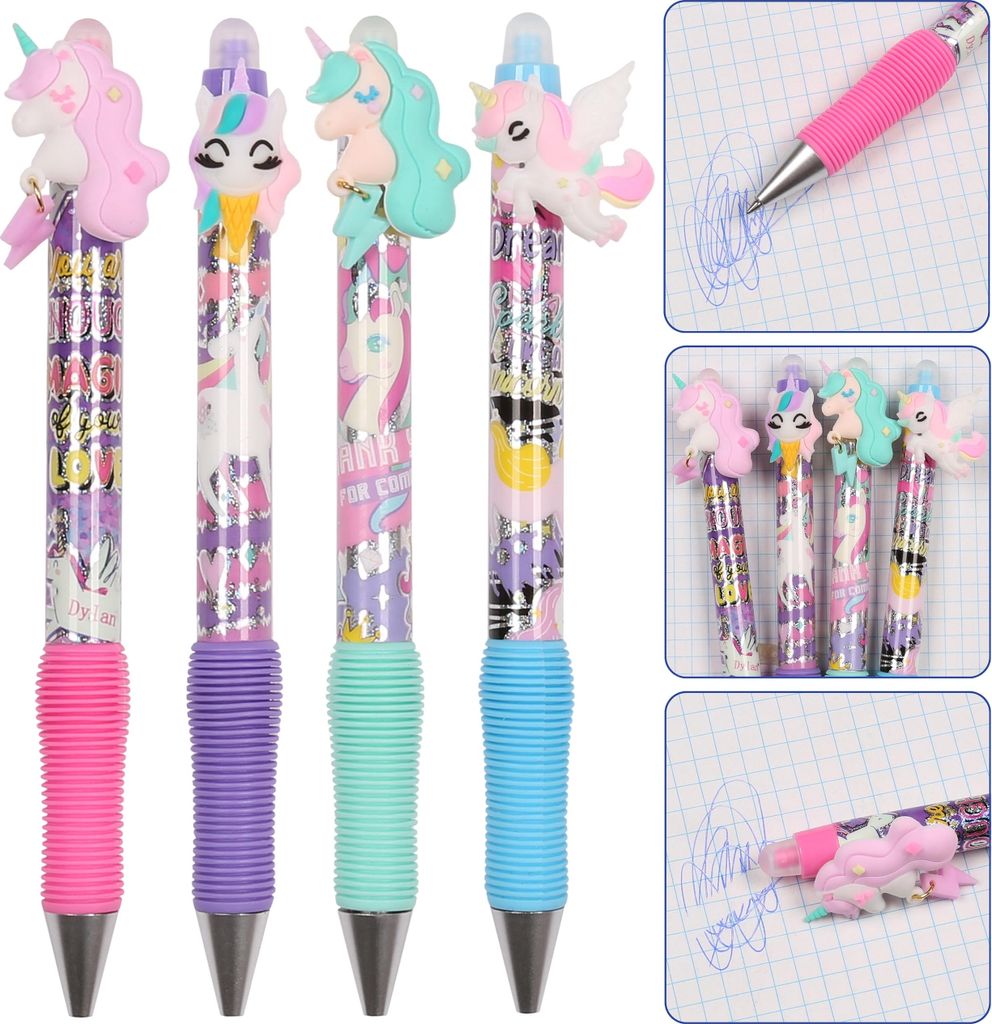 Einhorn Radierbarer Stift mit Radiergummi, Gel, automatisch, BLAUE TINTE, schulgeeignet, 0,5 mm