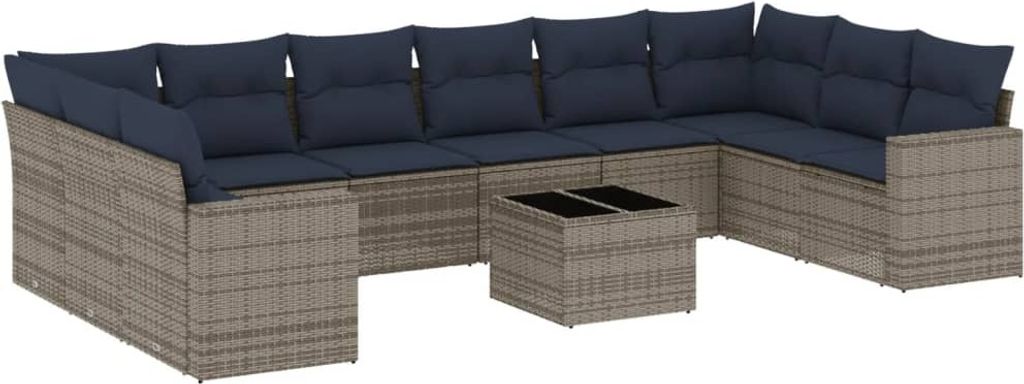 11-tlg. Garten-Sofagarnitur mit Kissen Grau Poly Rattan
