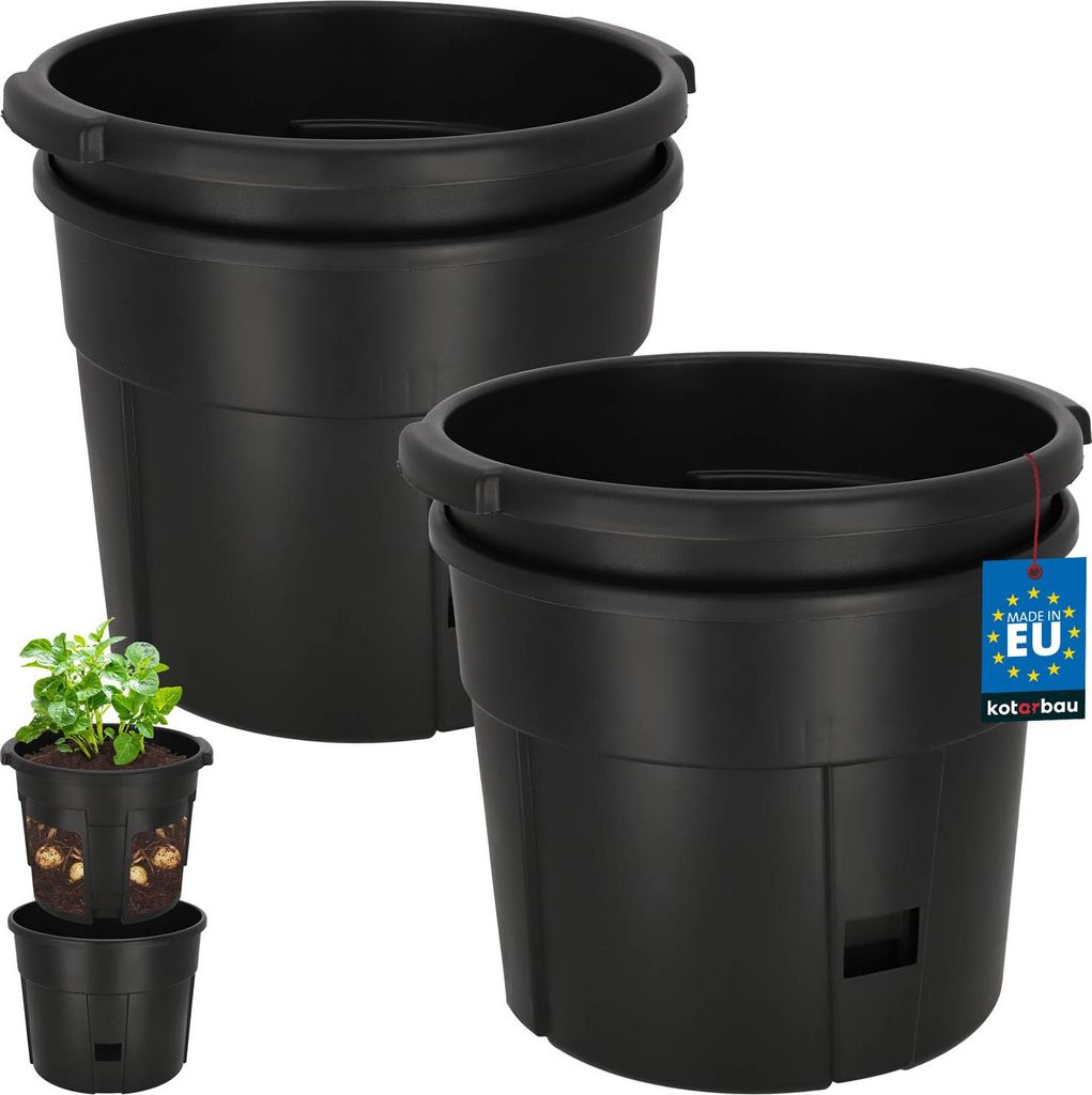 KOTARBAU 2er Set Kartoffelanbau Kübel für Pflanzkartoffeln 29,5 cm Kunststoff Kartoffel Pflanztopf Schwarz Pflanzkübel Groß Außen