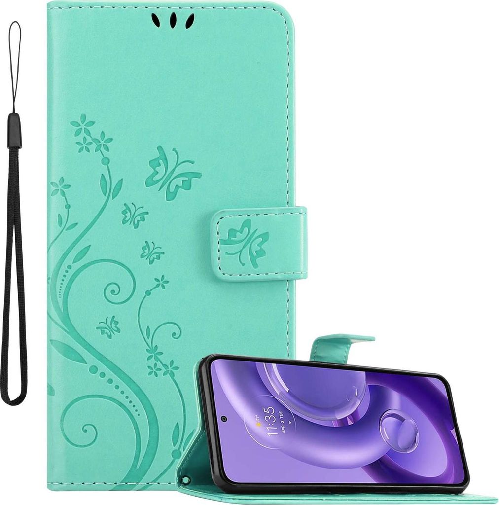Cadorabo Hülle für Motorola EDGE 30 NEO in FLORAL TÜRKIS Schutzhülle im Blumen Design mit Magnetverschluss, Standfunktion und Kartenfächern Fl...