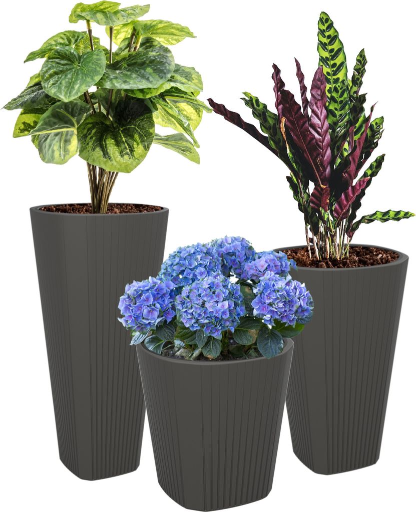 Dekoratives 3 er Set Blumentopf Blumenübertopf mit Einsatz Anthrazit Runde Ø39 cm H 41 61 81 cm Rille Oberfläche Matt Kunststoff Modern Glamour ...