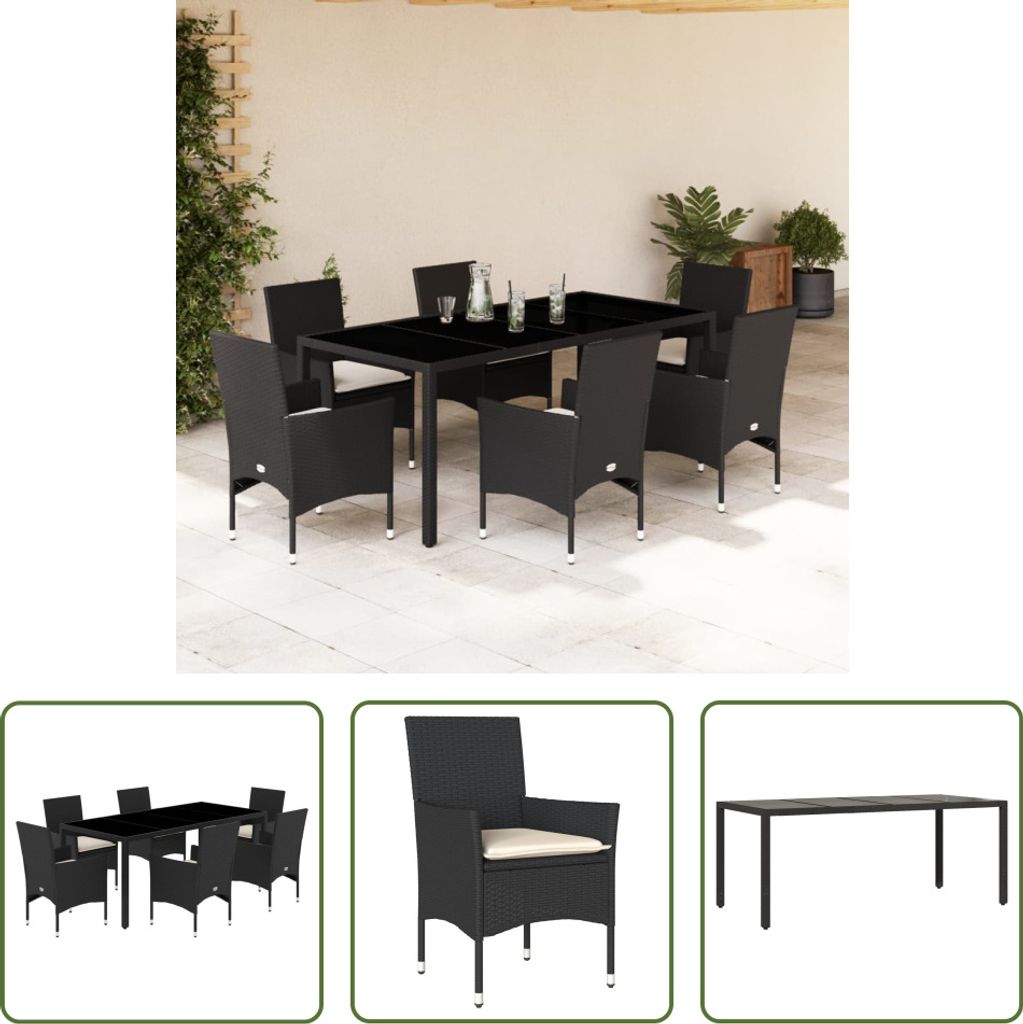 The Living Store 7-tlg. Garten-Essgruppe mit Kissen Schwarz Poly Rattan Glas