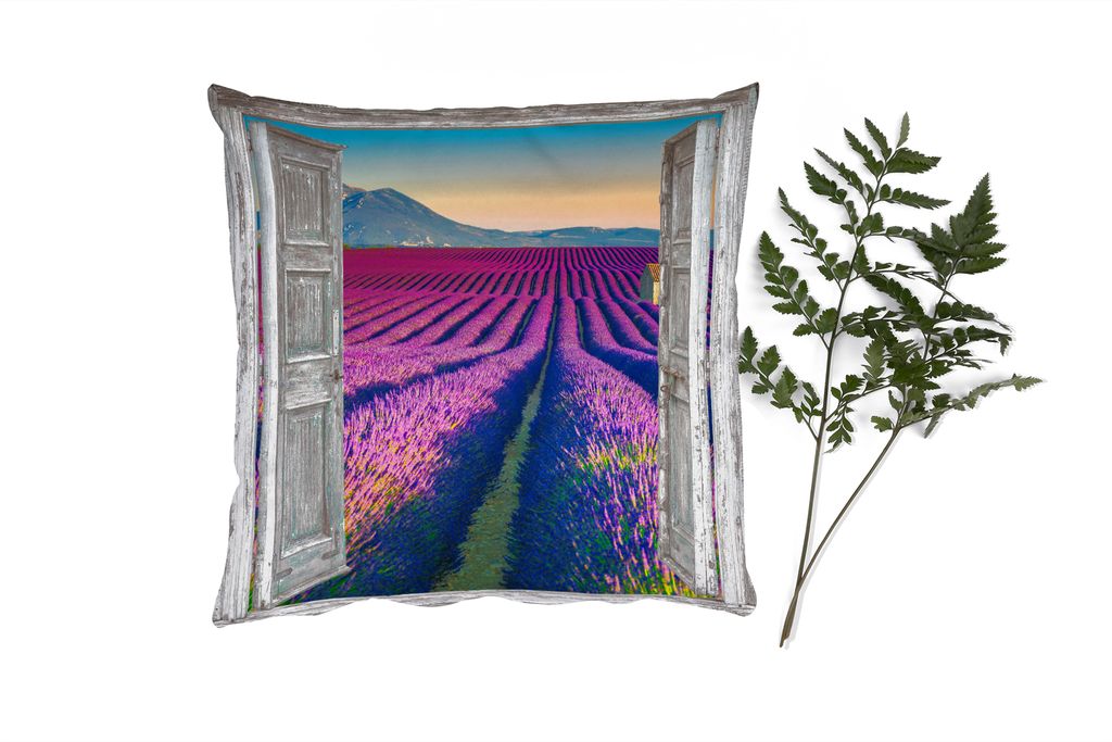 MuchoWow Zierkissen Sofakissen Wohnzimmer Dekokissen 45x45 cm Lavendel - Sommer - Ausblick - Blumen - Schlafpolster - Polster für das Sofa