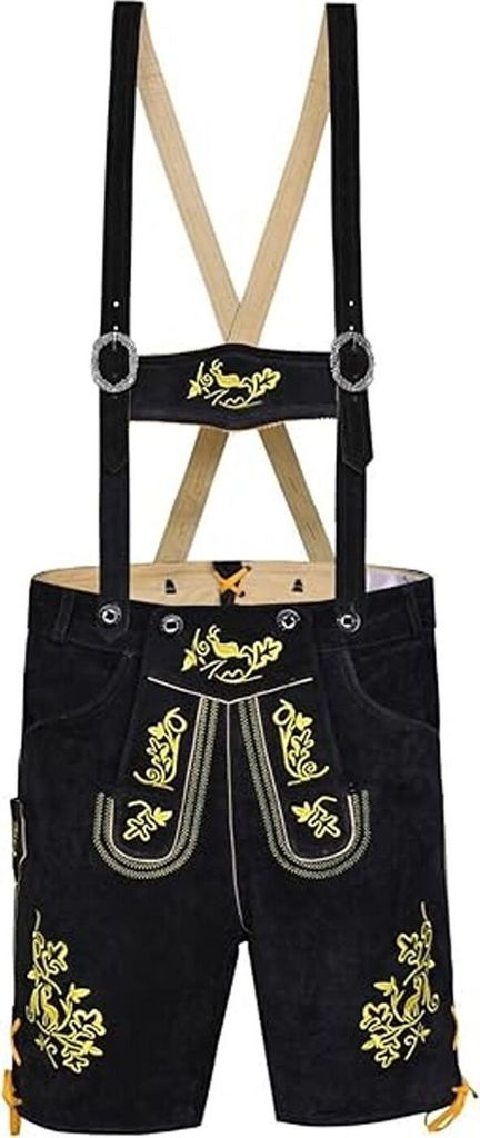 Kurze Trachten Lederhose mit Hosenträger Trachtenhose Schwarz mit Stickerei, Größe:58/3XL, Farbe:Gelb