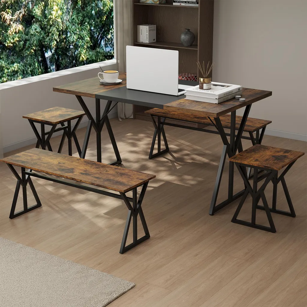 Ensemble Table à Manger Industrielle avec 2 Bancs et 2 Chaises Set de 5 - 2