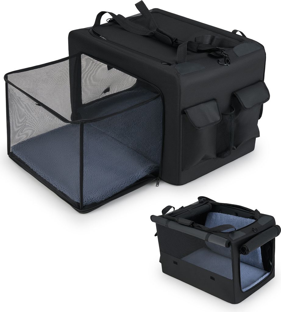 COSTWAY Hundebox faltbar tragbar, Transportbox mit 2 Öffnungen, Fenster, Netzkorb & Griffen, Hundetasche für mittlere, große Haustiere 88x72x48cm
