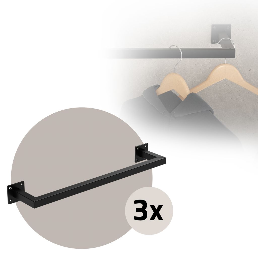 ML-Design 3er Set Kleiderstange Rechteck für die Wand, 12x60 cm, Schwarz, aus Stahl, Garderobenstange U-Form, inkl. Montagematerial