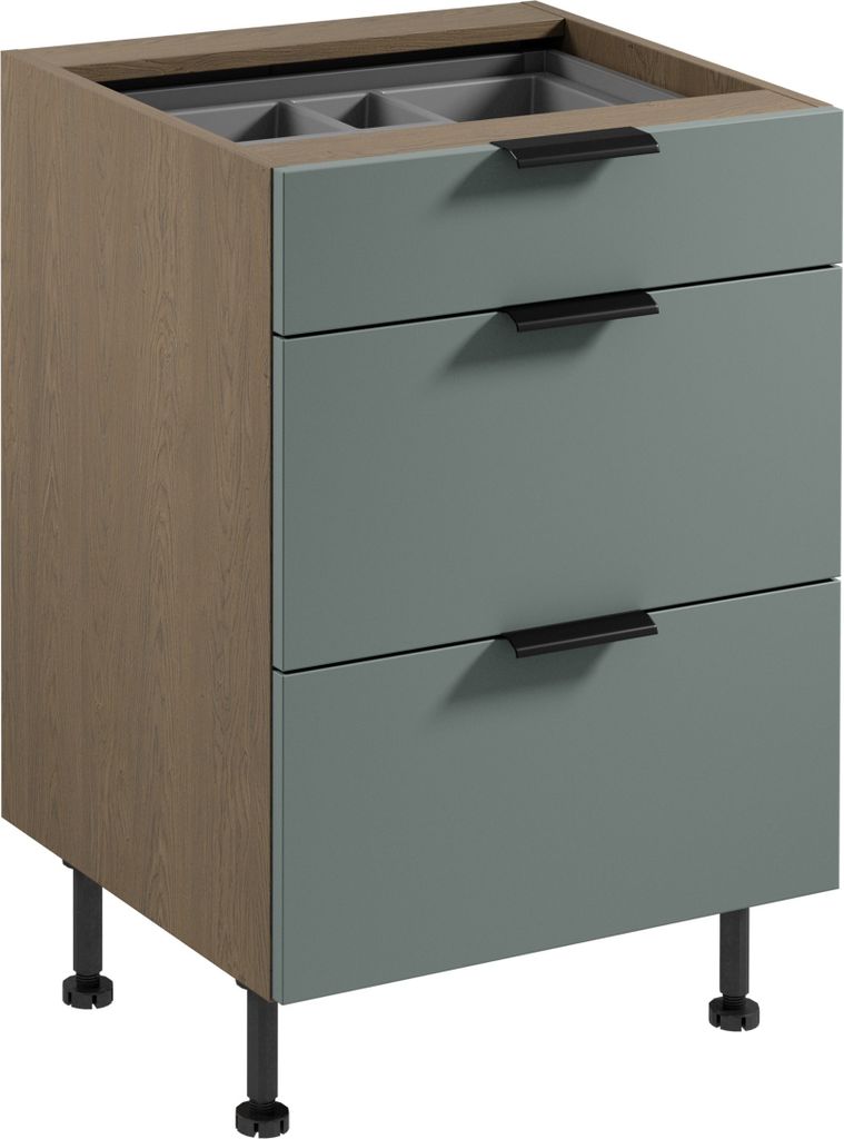 Küchenunterschrank 60 cm mit 3 Schubladen küchenmöbel Küchenblock, Sorento D60S3 AX Grün/Eiche