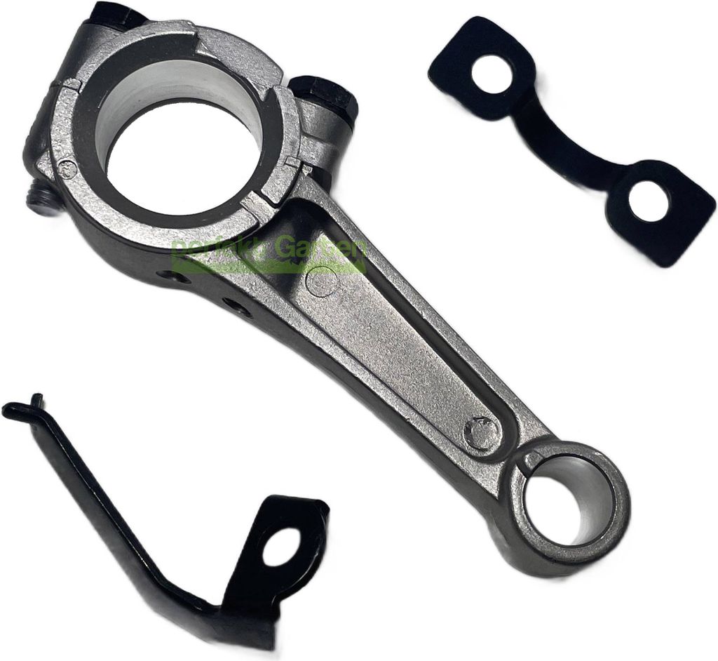 A set of engine parts, including a connecting rod and two smaller metal pieces, laid out on a white background.