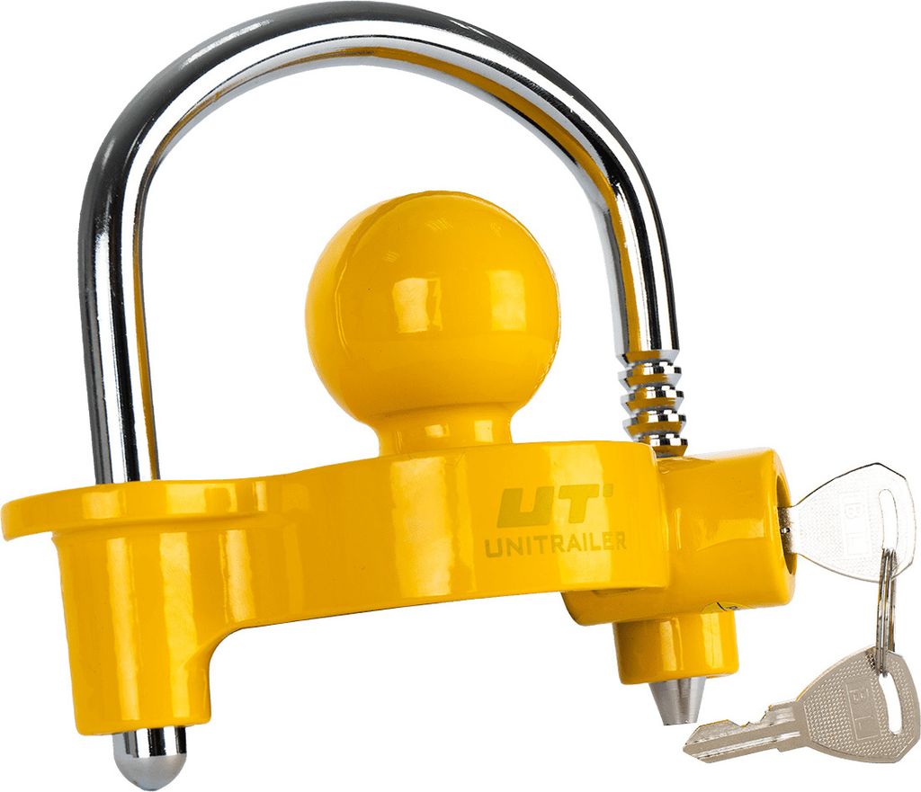 A yellow trailer hitch lock with a silver shackle and two keys.