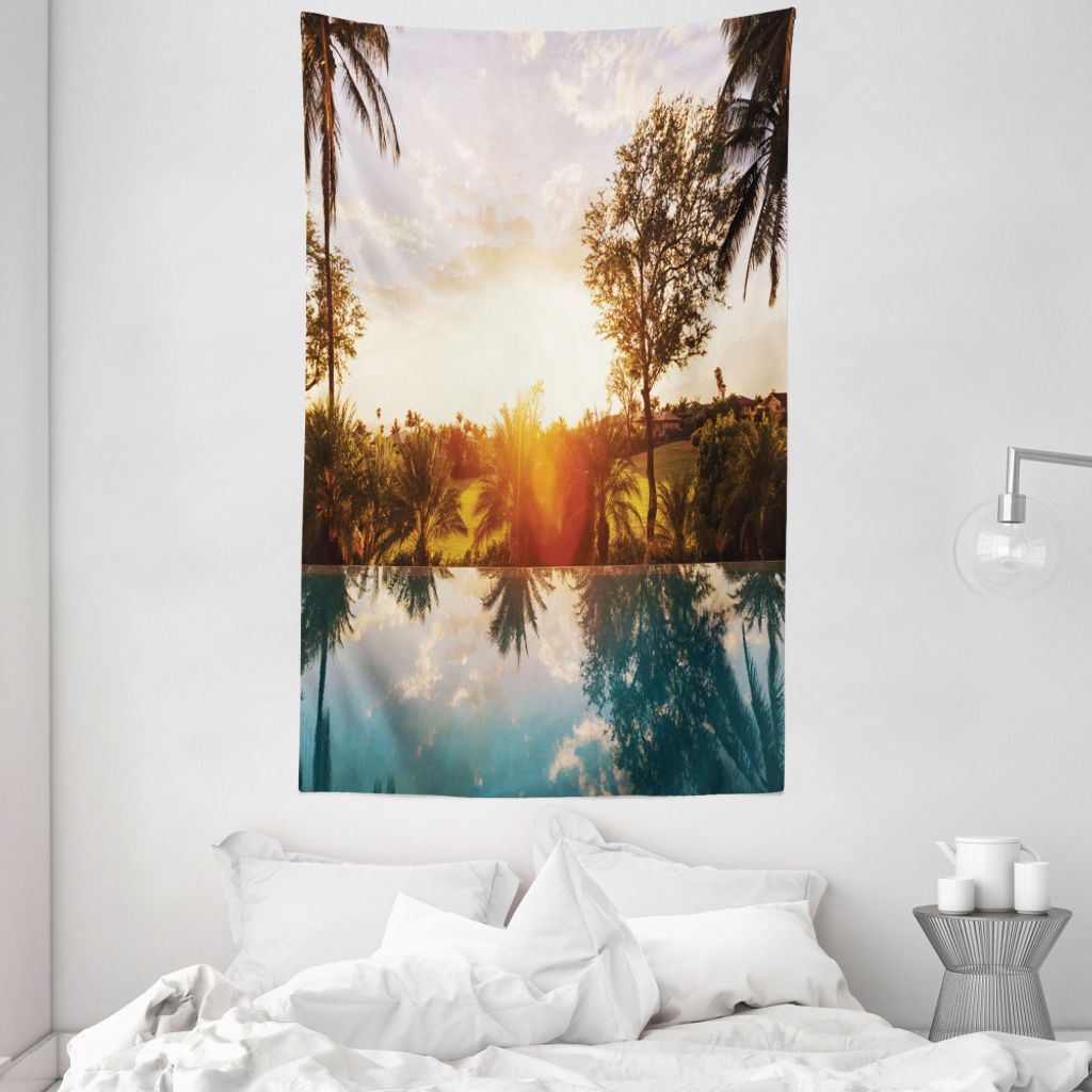 ABAKUHAUS Hawaii Wandteppich und Tagesdecke, Pool Sunset aus Weiches Mikrofaser Stoff Waschbar ohne Verblassen Digitaldruck, 140 x 230 cm, Orange Teal