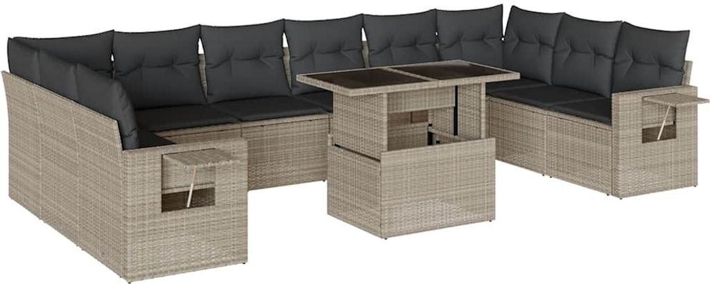 vidaXL 11-tlg. Garten-Sofagarnitur mit Kissen Hellgrau Poly Rattan