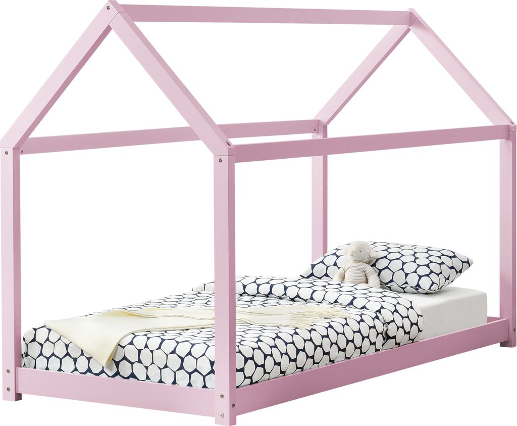 [en.casa] Kinderbett 90x200cm Rosa Haus Holz Natur Produktbild 