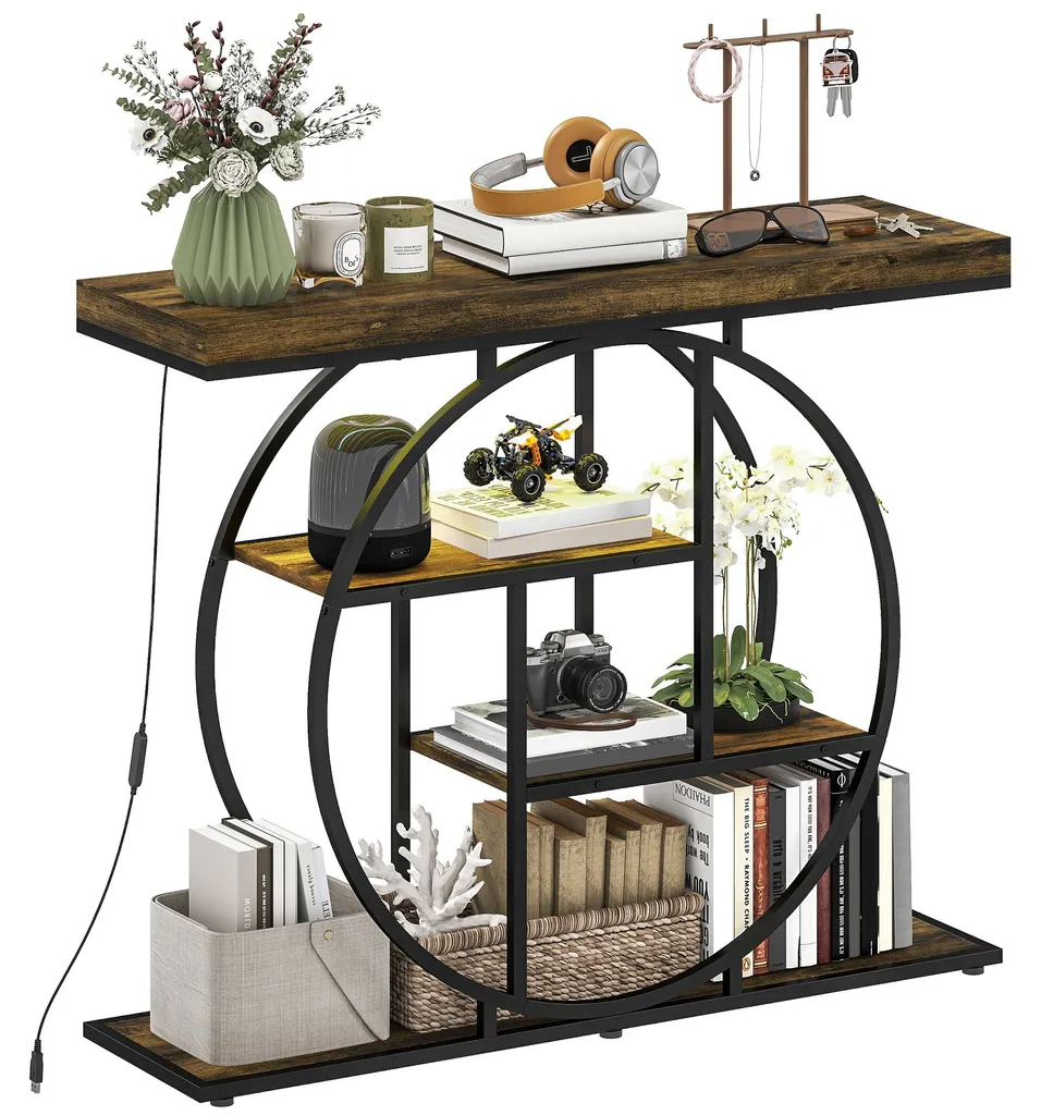 Console LED à 4 niveaux bois rustique et métal noir pour salon 100cm