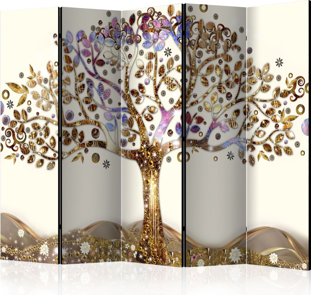A decorative room divider with a golden tree design.