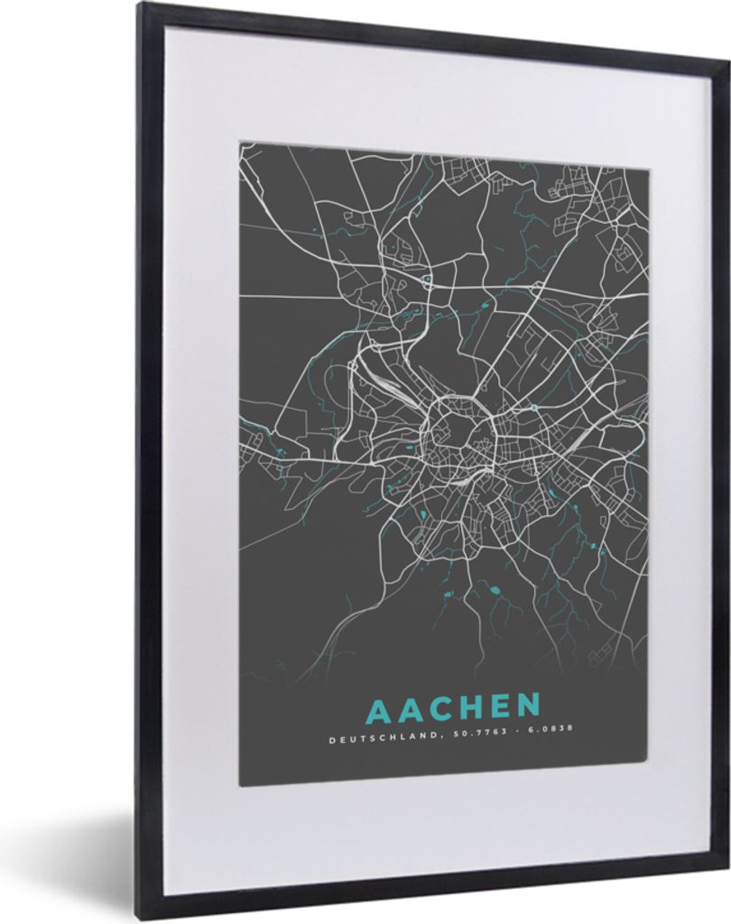 MuchoWow Gerahmtes Poster Stadtplan - Aachen - Deutschland - Karte 30x40 cm - Poster mit Schwarzem Bilderrahmen Wandposter Rahmen Foto Bilder - W...