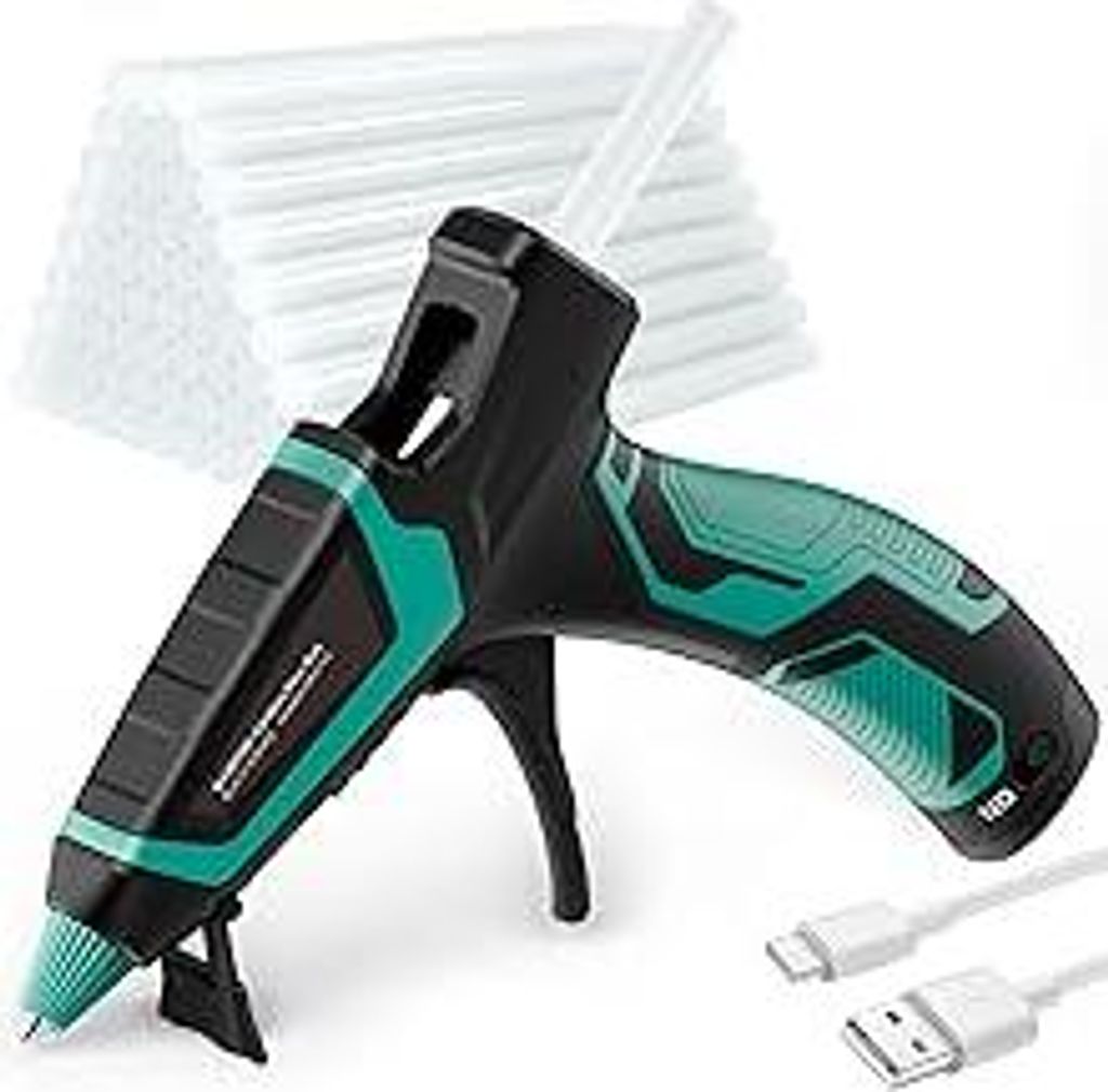 MAXDONE Heißklebepistole Akku mit 30 Heißklebesticks, USB Typ-C Aufladende & Heissklebepistole Akku 3000mAh, Klebepistole Kabellos mit 30 Stück ...