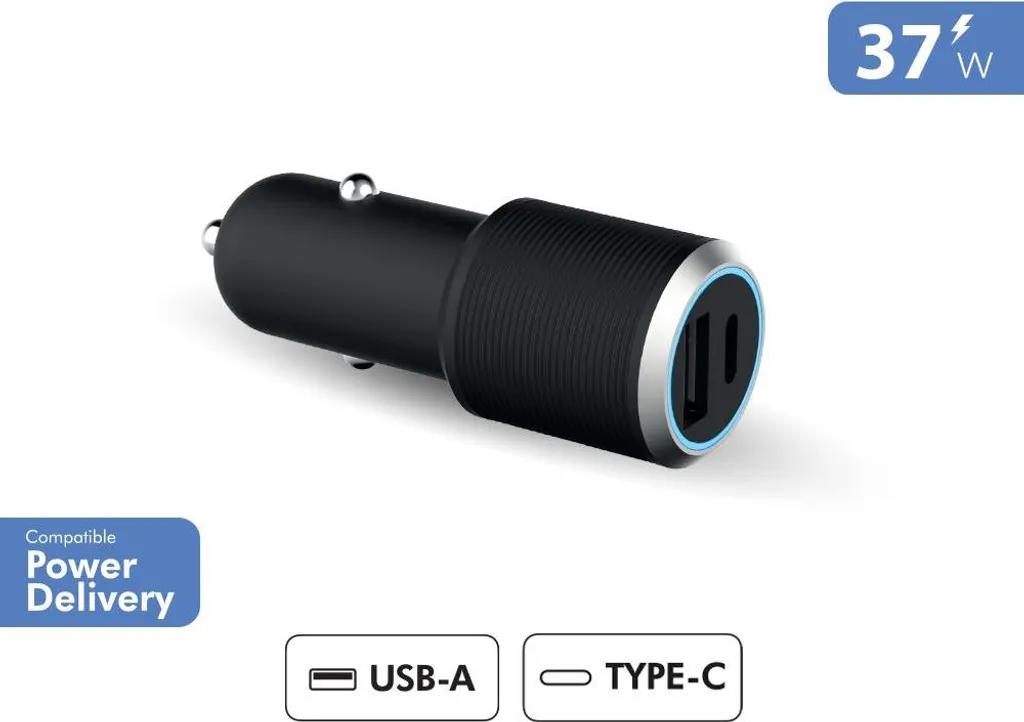 Chargeur voiture 2 ports USB A+C PD 37W Recyclé Noir pour smartphone