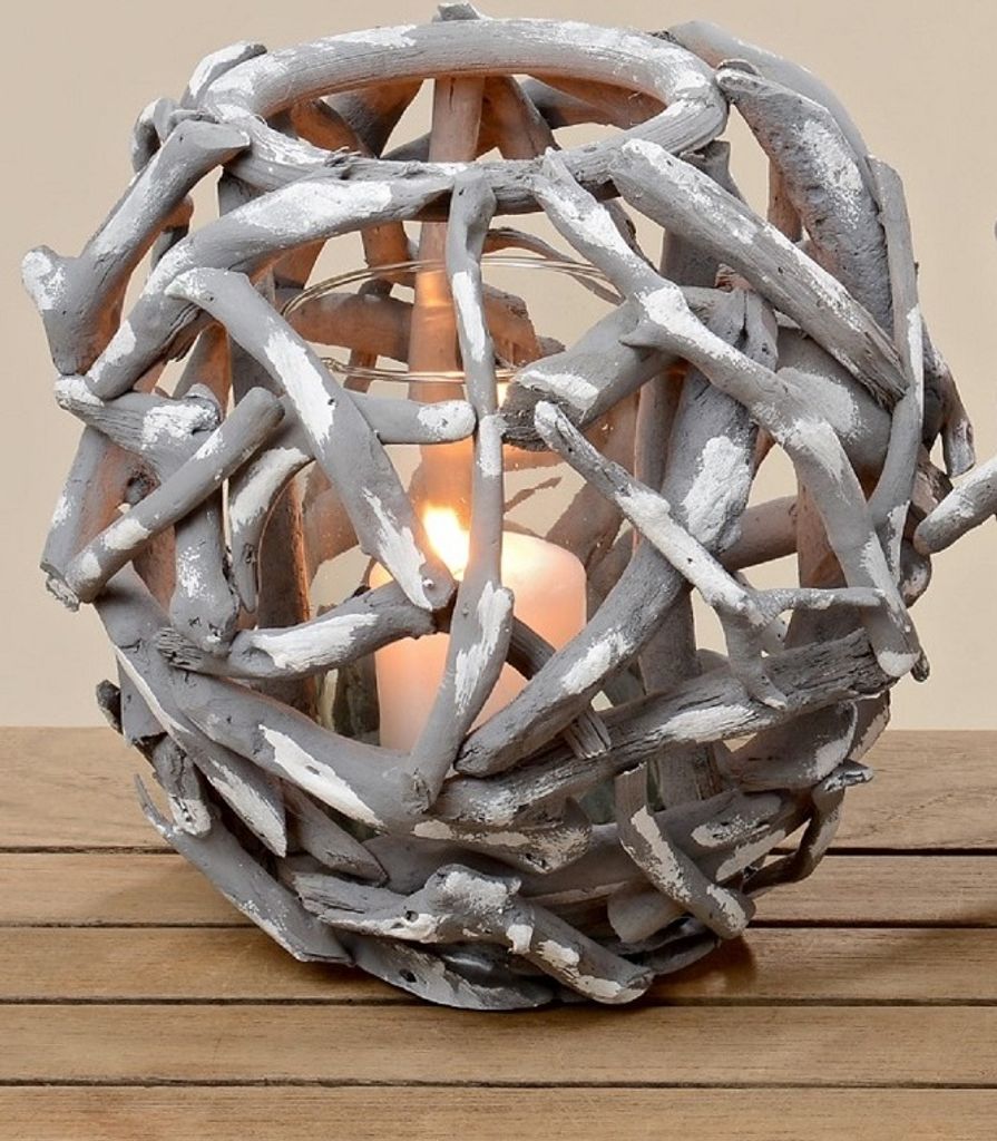 Windlicht Teelicht aus Holzstücke mit Glaseinsatz grau Weihnachten H 25cm Ø 25cm